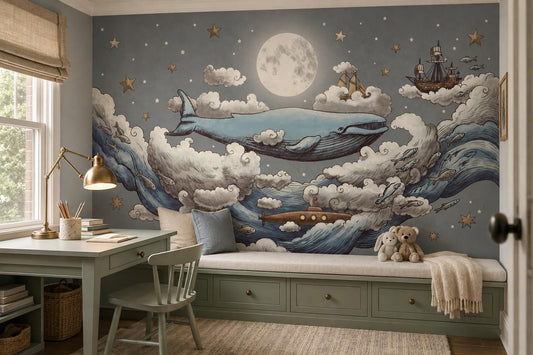 Dreamy Whales Ships Moon and Clouds Wallpaper Mural - image 1