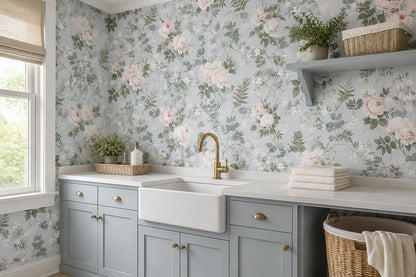 Pale White Roses Foliage Wallpaper Mural - room view 2