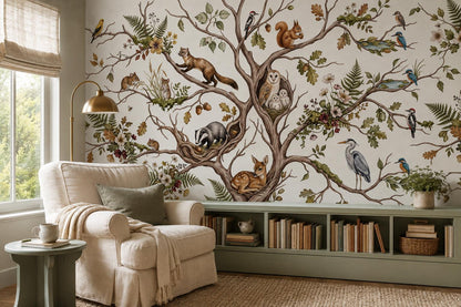 Whimsical Woodland Animals in Tree Wallpaper Mural - image 1