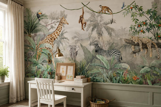 Playful Jungle Safari Animals Wallpaper Mural - image 1