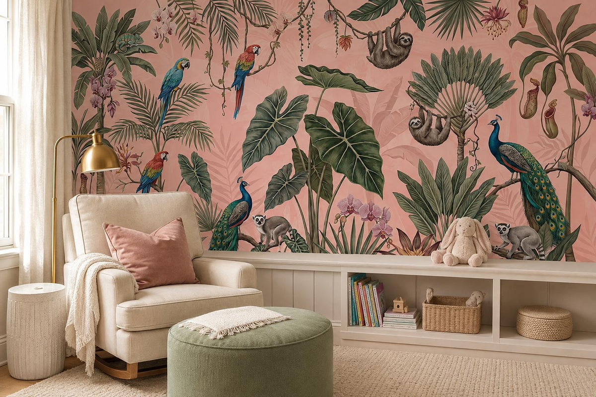 Lively Peacocks Parrots and Sloth Wallpaper Mural - image 3