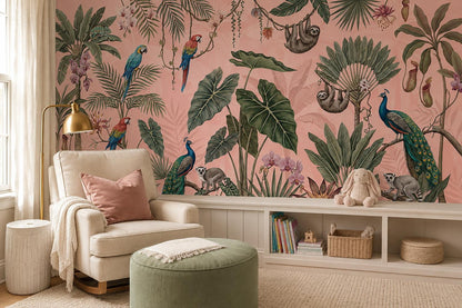 Lively Peacocks Parrots and Sloth Wallpaper Mural - image 3