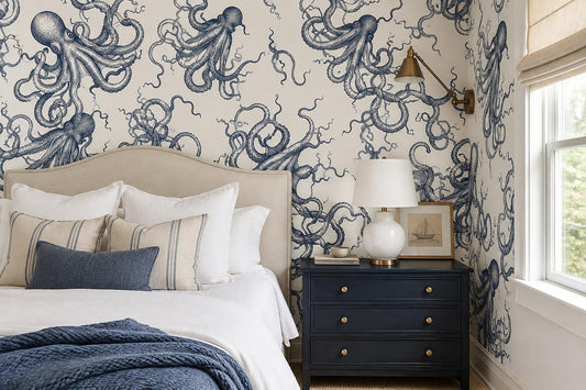 Custom Octopus Line Wallpaper Mural - room scene