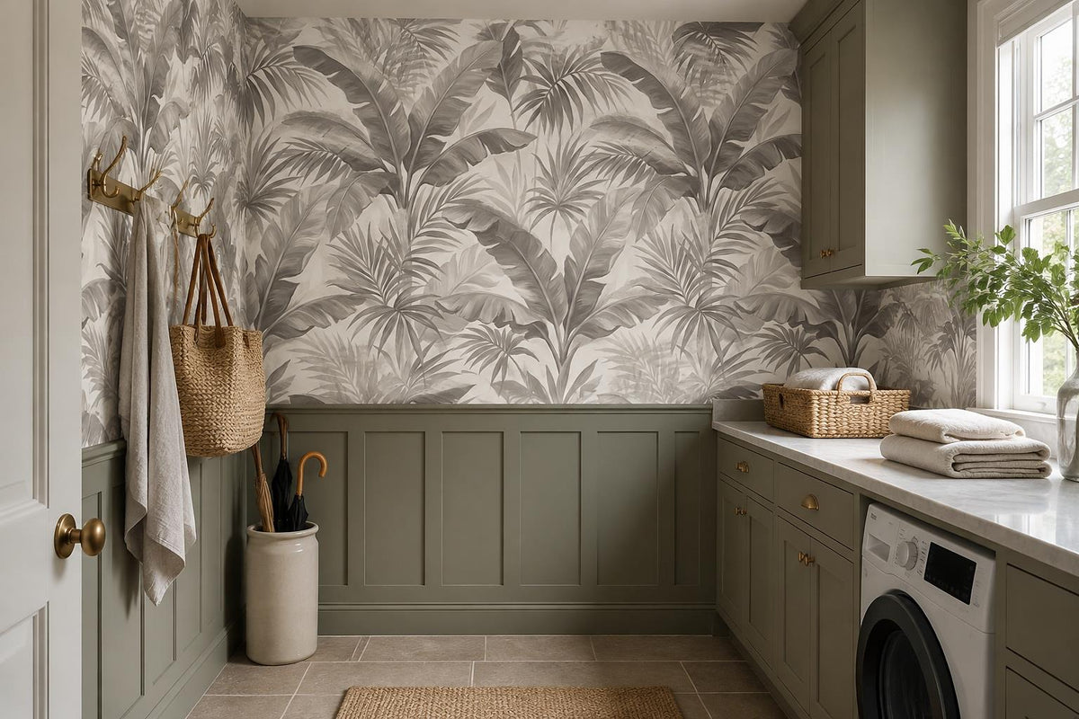 Calm Grey Tropical Leaves Wallpaper Mural - image 3