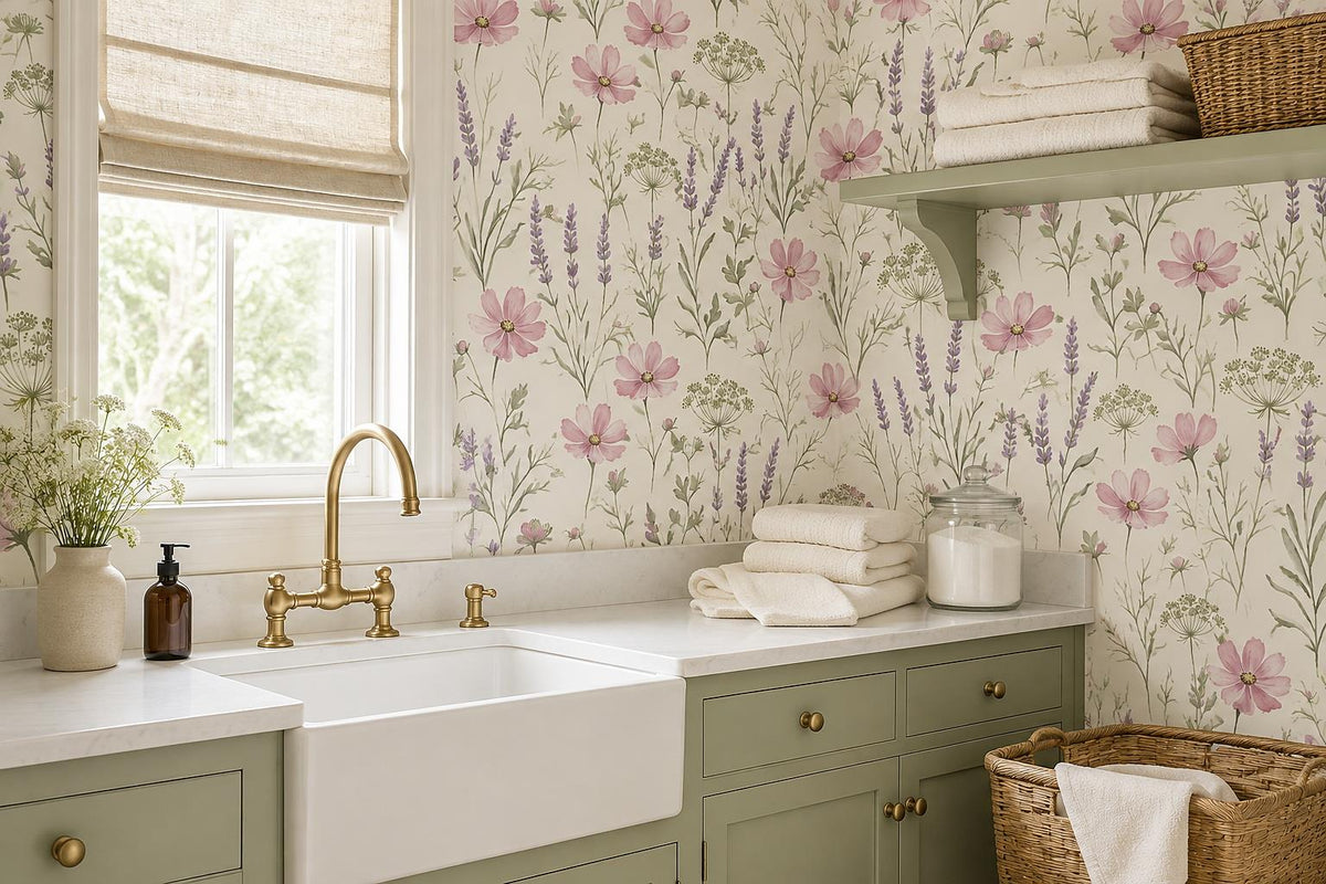 Cosmos Lavender Meadow Flowers Wallpaper Mural - room view 2