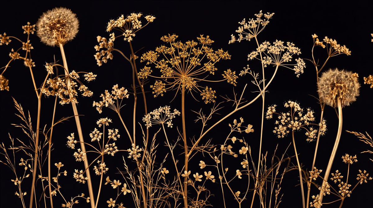 Dramatic Gold Dried Wildflowers Wallpaper Mural