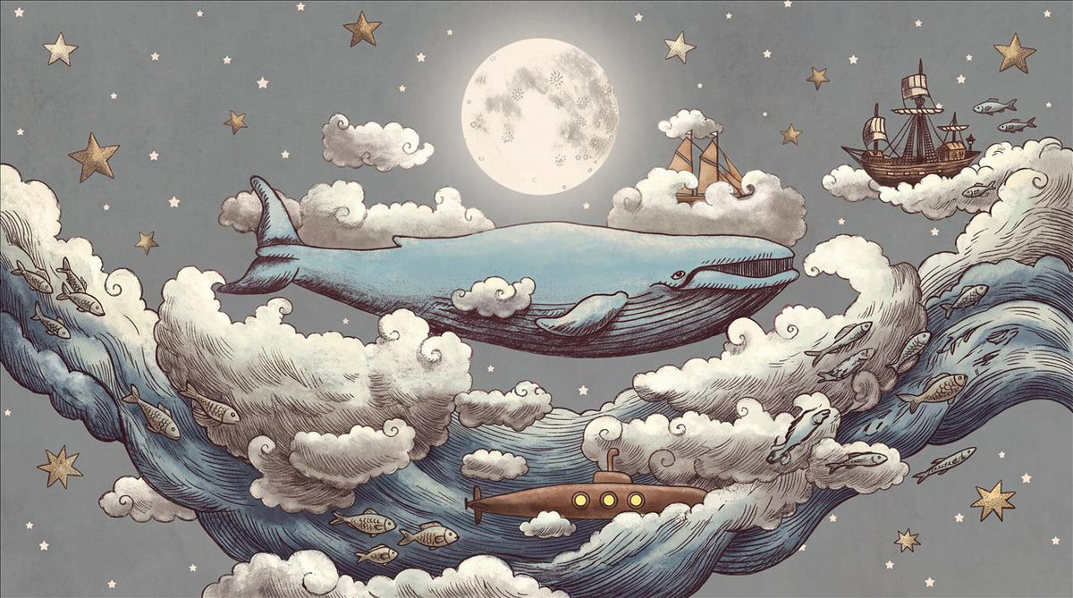 Dreamy Whales Ships Moon and Clouds Wallpaper Mural