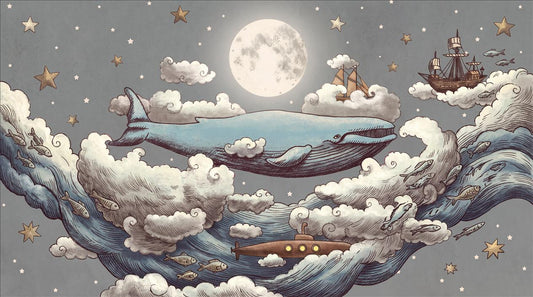 Dreamy Whales Ships Moon and Clouds Wallpaper Mural - image 2