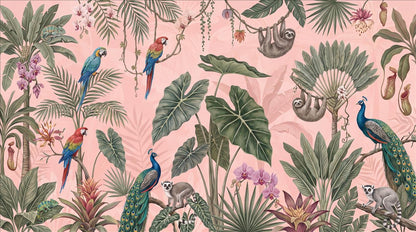 Lively Peacocks Parrots and Sloth Wallpaper Mural - image 2