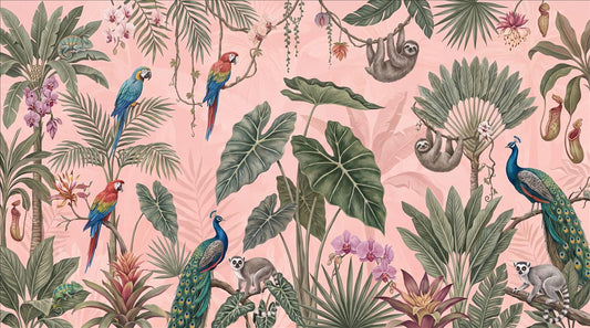 Lively Peacocks Parrots and Sloth Wallpaper Mural - image 2