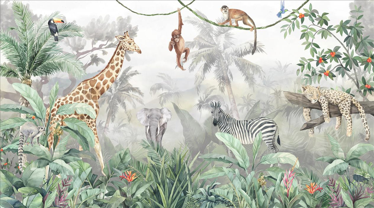 Playful Jungle Safari Animals Wallpaper Mural - image 2