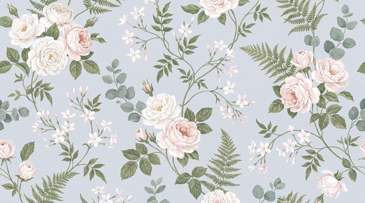 Pale White Roses Foliage Wallpaper Mural - room view 4