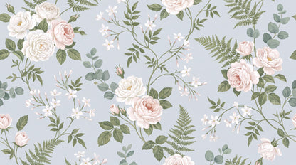 Pale White Roses Foliage Wallpaper Mural - room view 4
