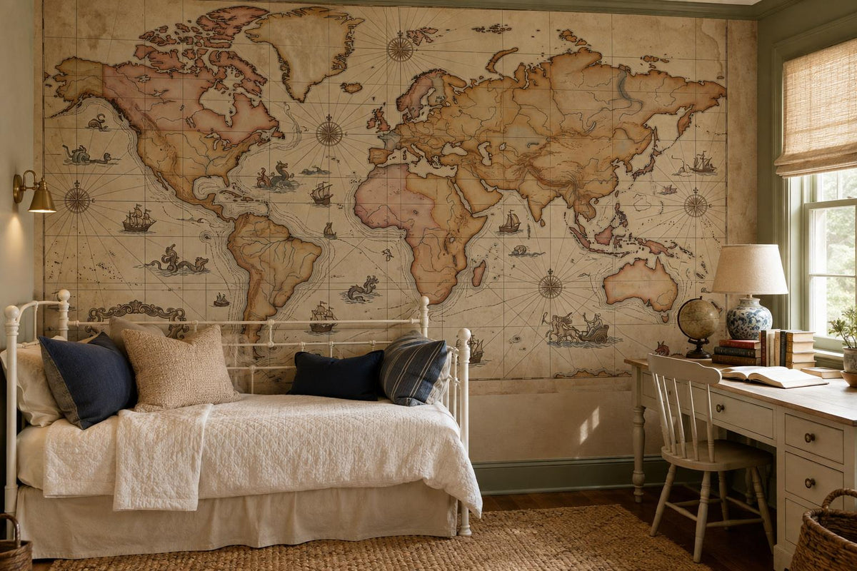 Scholarly Antique World Map Wallpaper Mural - image 3