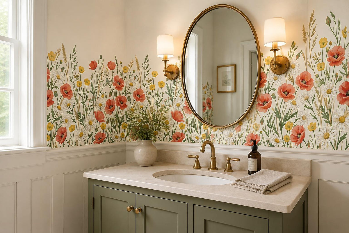 White Poppies Daisies Wallpaper Mural - room view 3