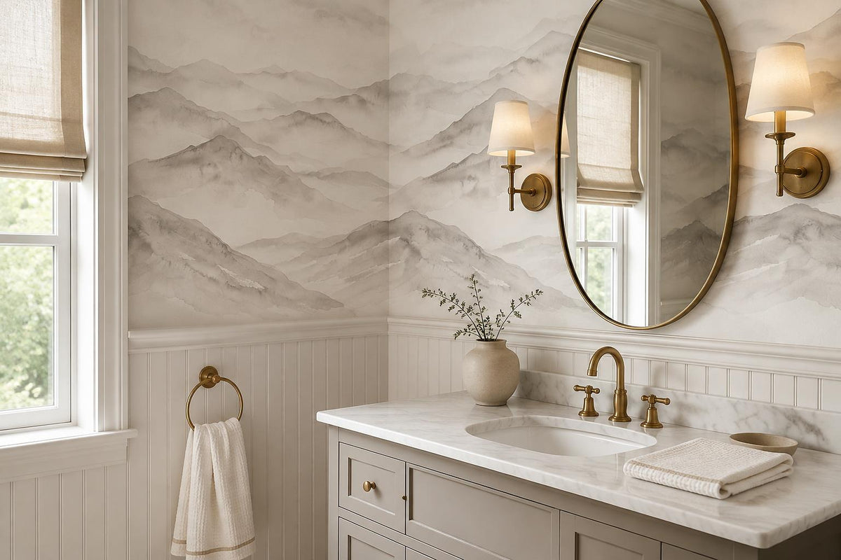 Grey Repeating Misty Mountains Wallpaper Mural - room view 3