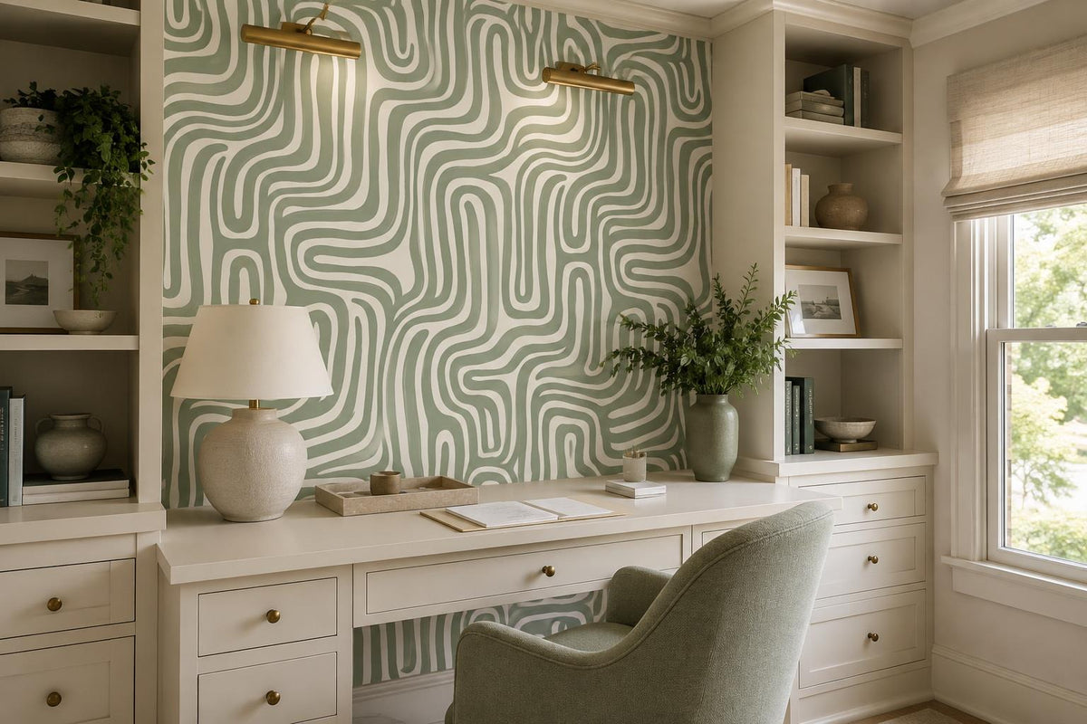 Calm Sage Wavy Stripes Wallpaper Mural - image 4