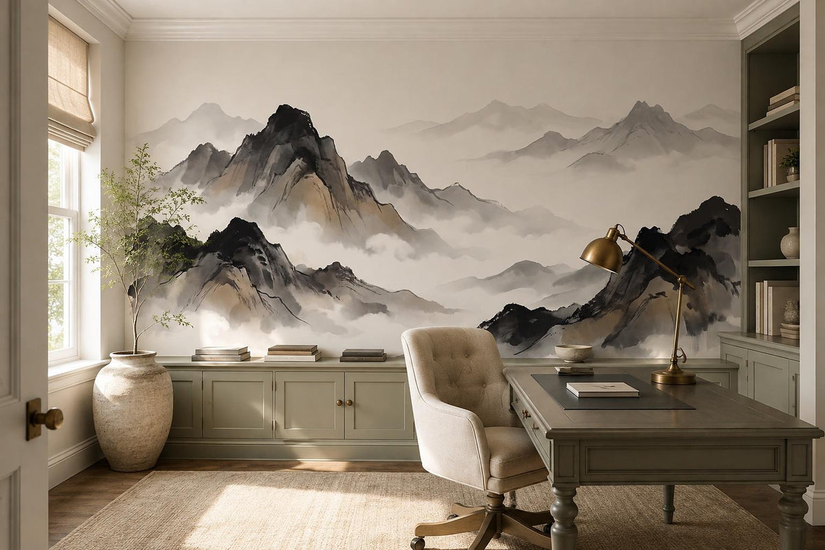 Ink Cream Black Mountains Wallpaper Mural - room view 3