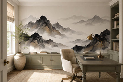 Ink Cream Black Mountains Wallpaper Mural - room view 3