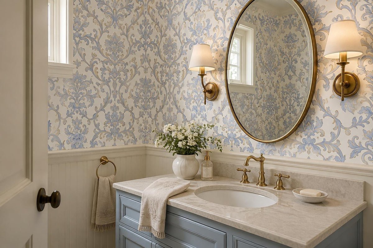 Refined Blue Gold Damask Scrolls Wallpaper Mural - image 4