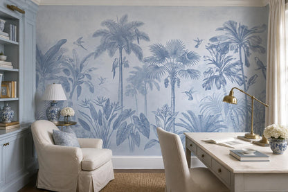 Pale Misty Palms And Birds Wallpaper Mural - room view 2
