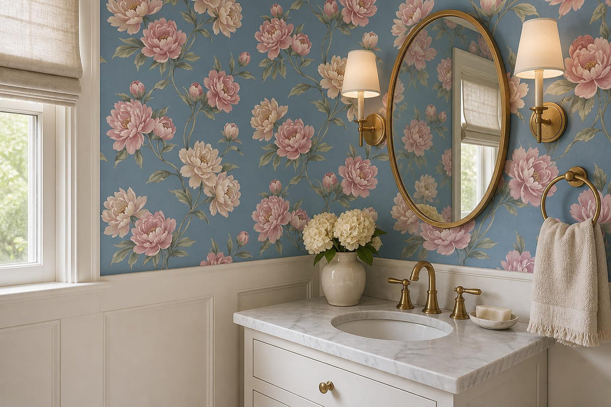 Romantic Pink Peonies On Blue Wallpaper Mural - image 4