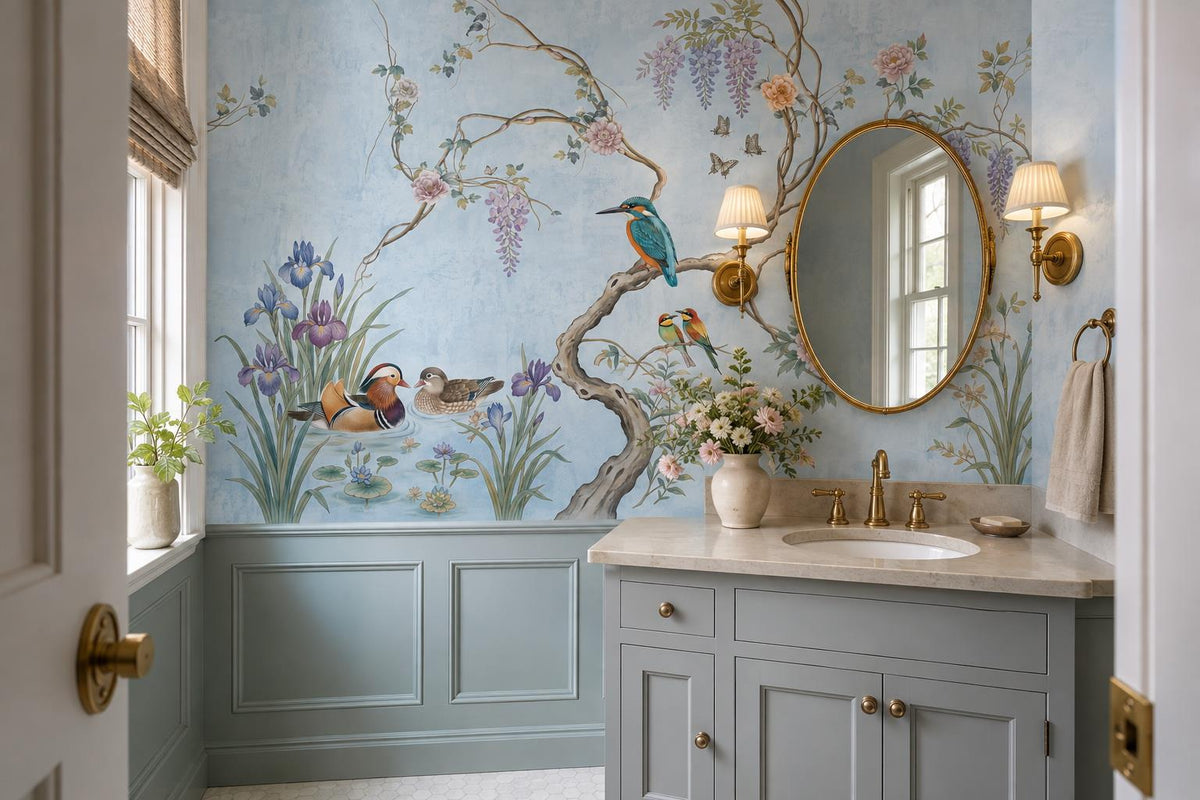 Tranquil Kingfisher Ducks and Wisteria Wallpaper Mural - image 4