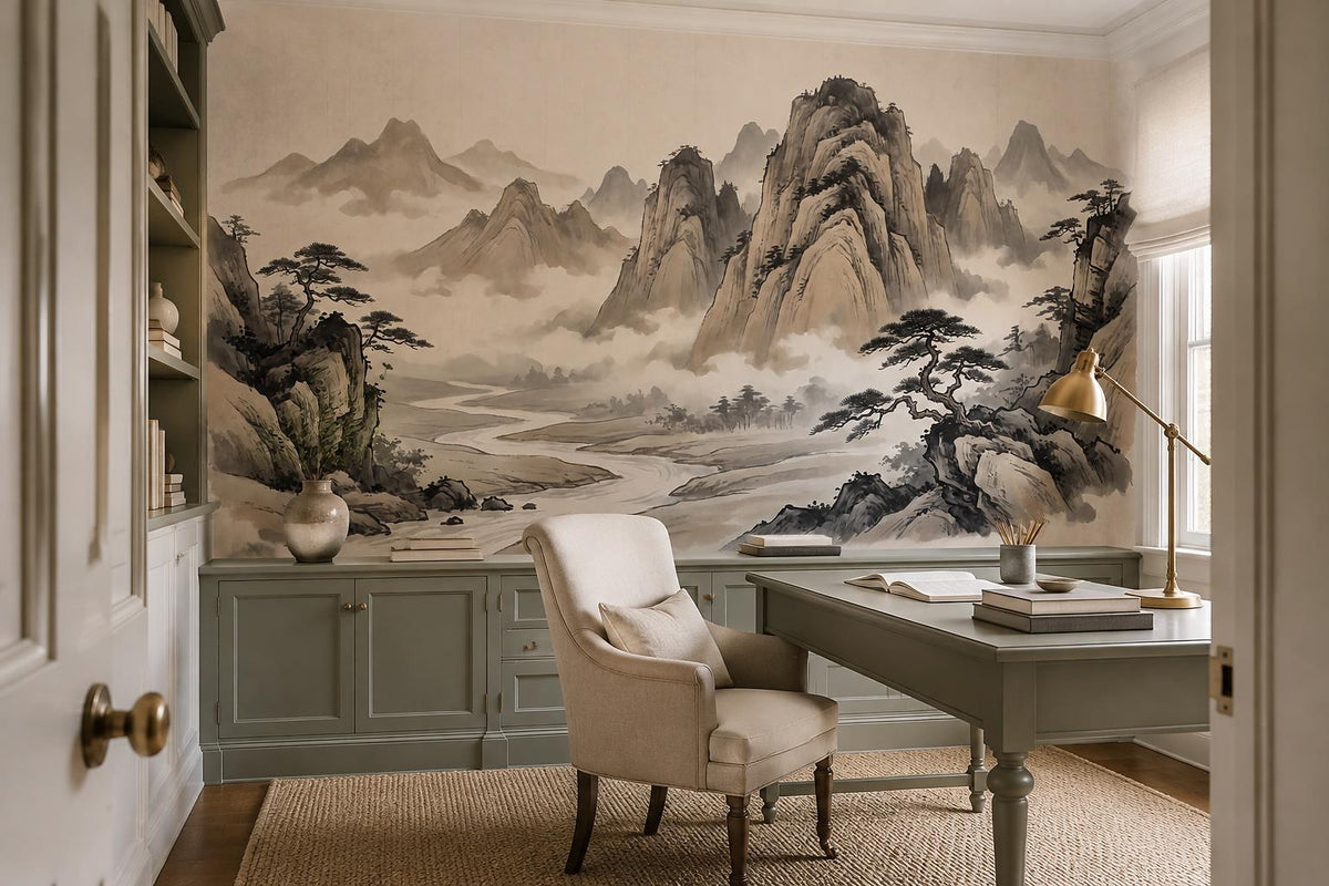 Cream Black Ink Mountains River Wallpaper Mural - room view 3