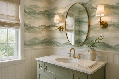 Layered Sage Green Mountains Wallpaper Mural - room view 3