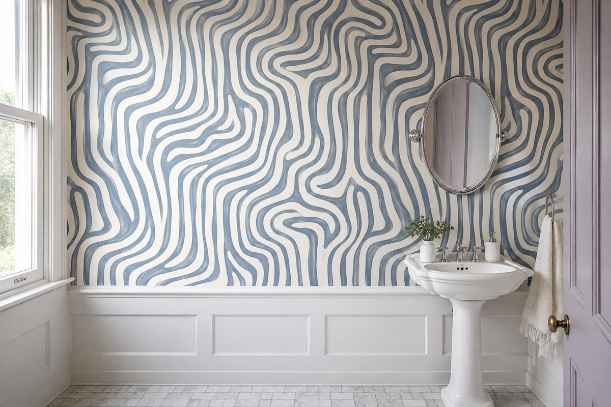 Cool Blue Wavy Stripes Wallpaper Mural - image 5