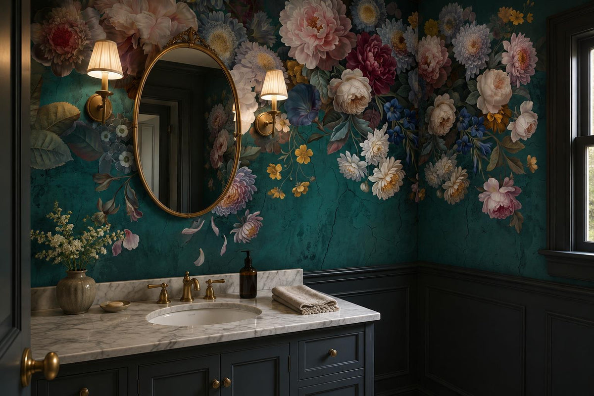 Artistic Flowers On Teal Plaster Wallpaper Mural - image 4