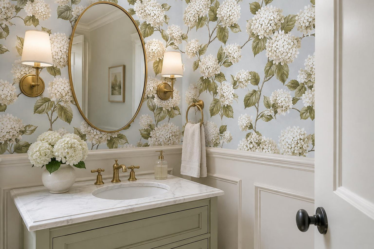 White Hydrangea Blossoms Wallpaper Mural - room view 4