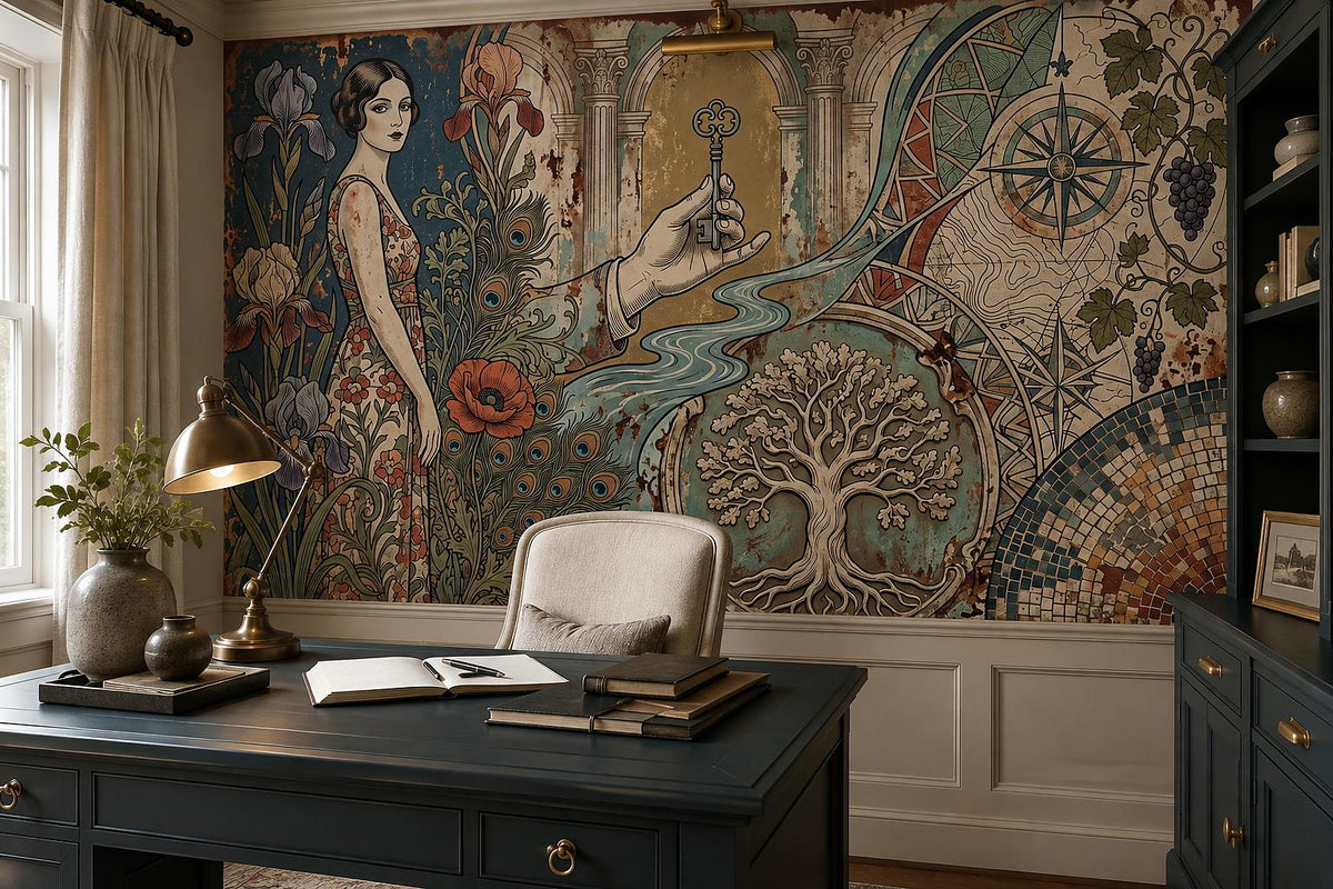 Teal Art Nouveau Woman Compass Wallpaper Mural - room view 2