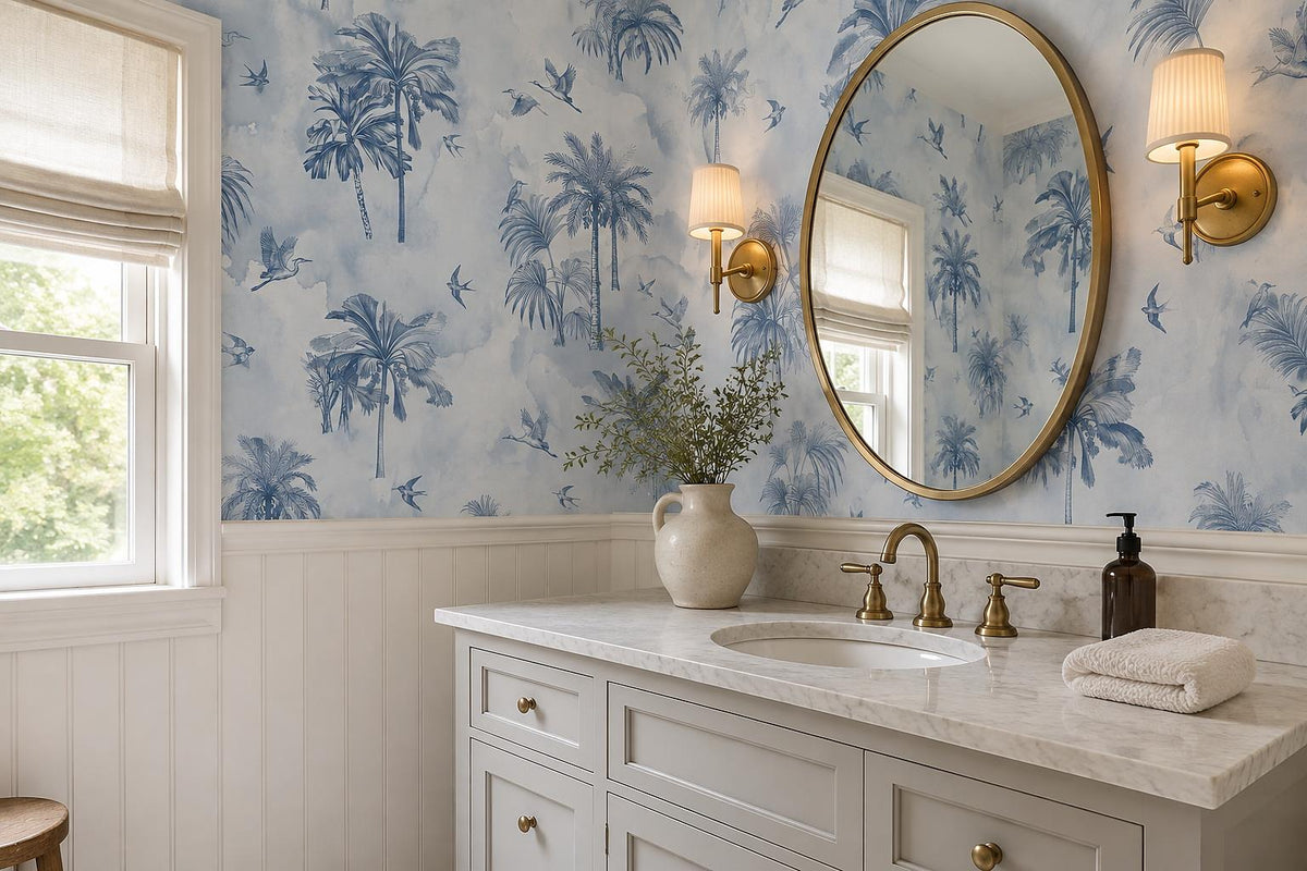 Pale Palm Trees And Flying Birds Wallpaper Mural - room view 3