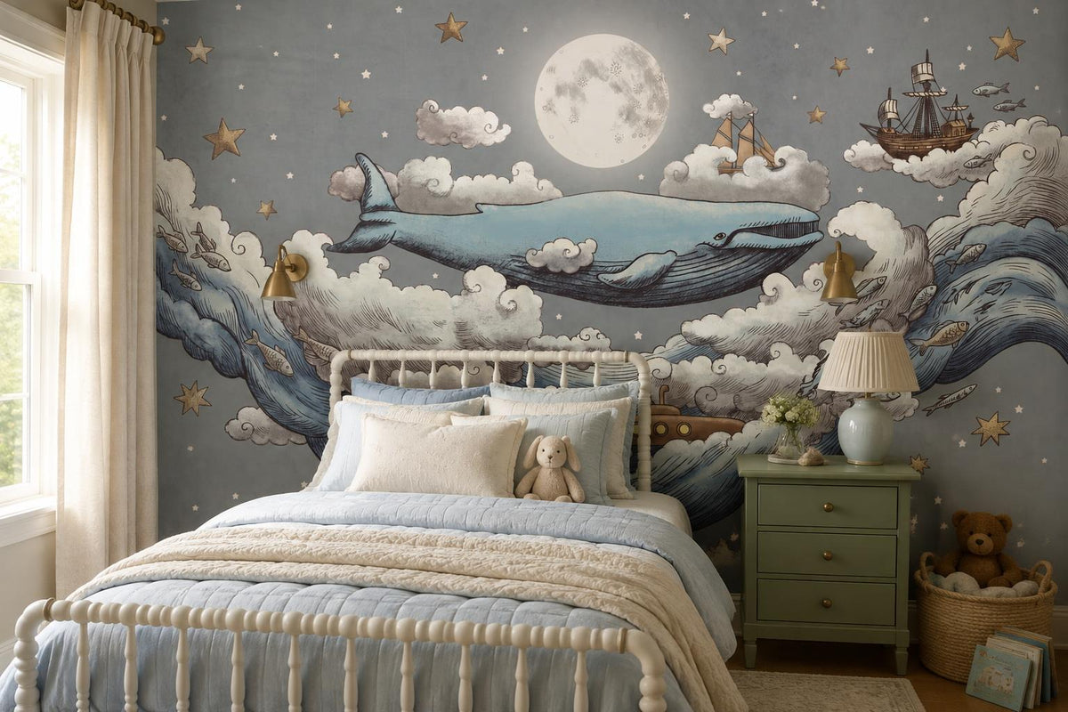 Dreamy Whales Ships Moon and Clouds Wallpaper Mural - image 3