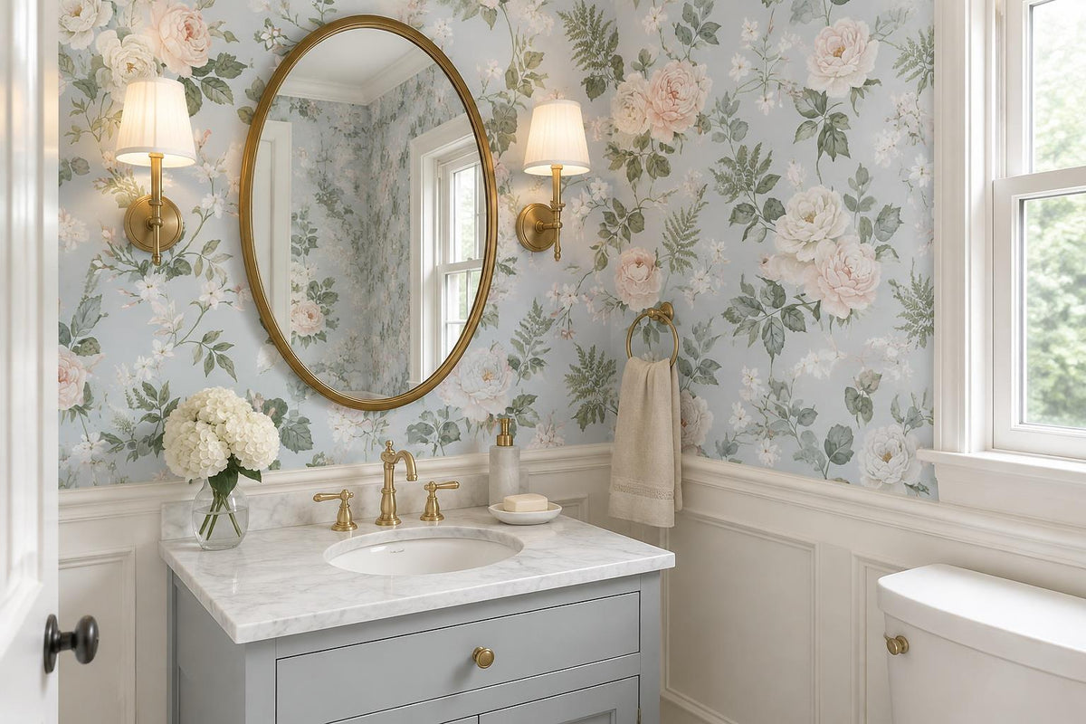 Pale White Roses Foliage Wallpaper Mural - room view 3