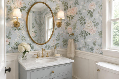 Pale White Roses Foliage Wallpaper Mural - room view 3