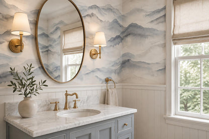 Blue Repeating Misty Mountains Wallpaper Mural - room view 3