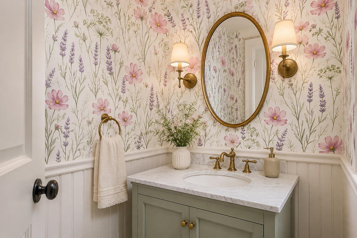 Cosmos Lavender Meadow Flowers Wallpaper Mural - room view 3