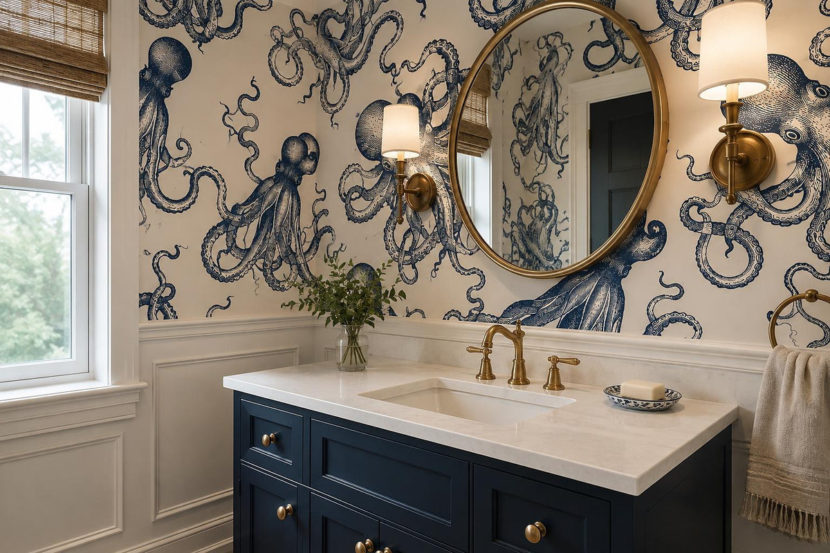 Custom Octopus Line Wallpaper Mural - room view 2