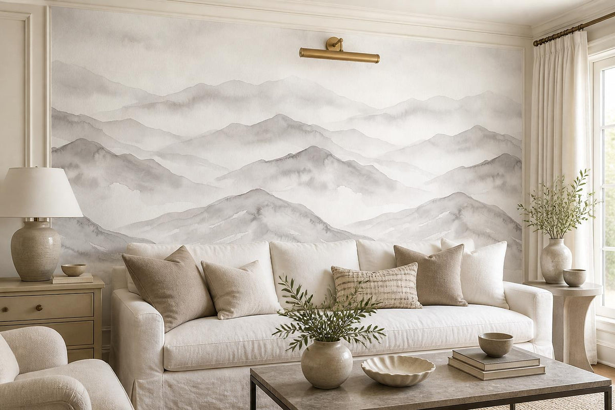 Grey Repeating Misty Mountains Wallpaper Mural - room view 4