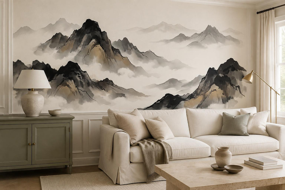 Ink Cream Black Mountains Wallpaper Mural - room view 4