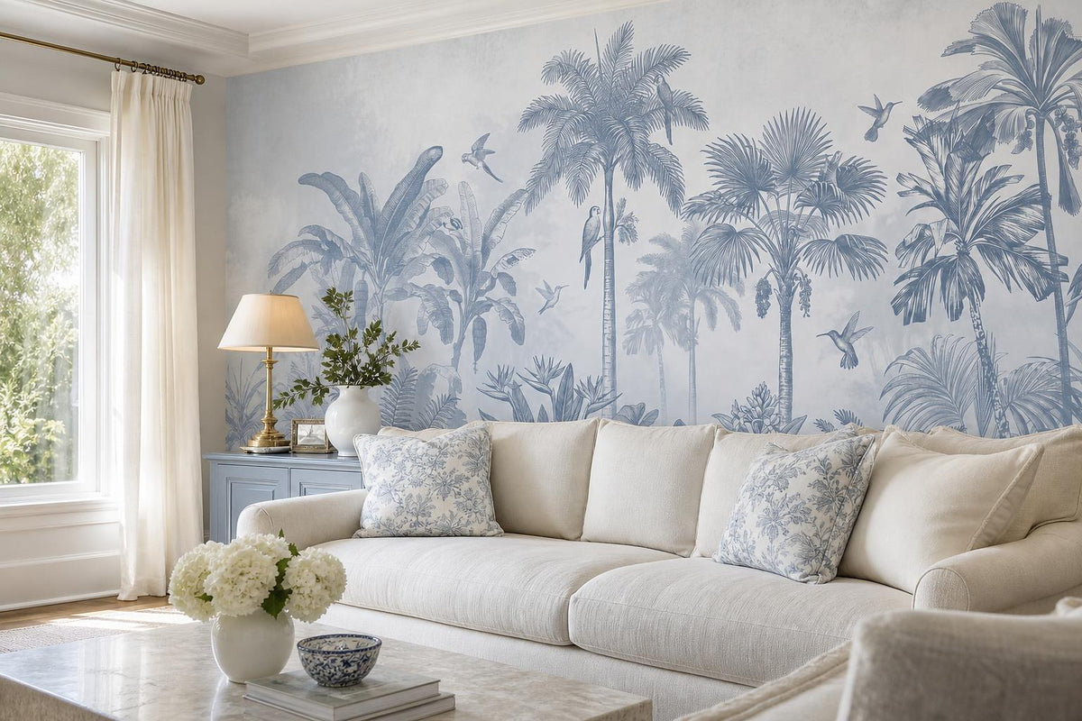 Pale Misty Palms And Birds Wallpaper Mural - room view 3