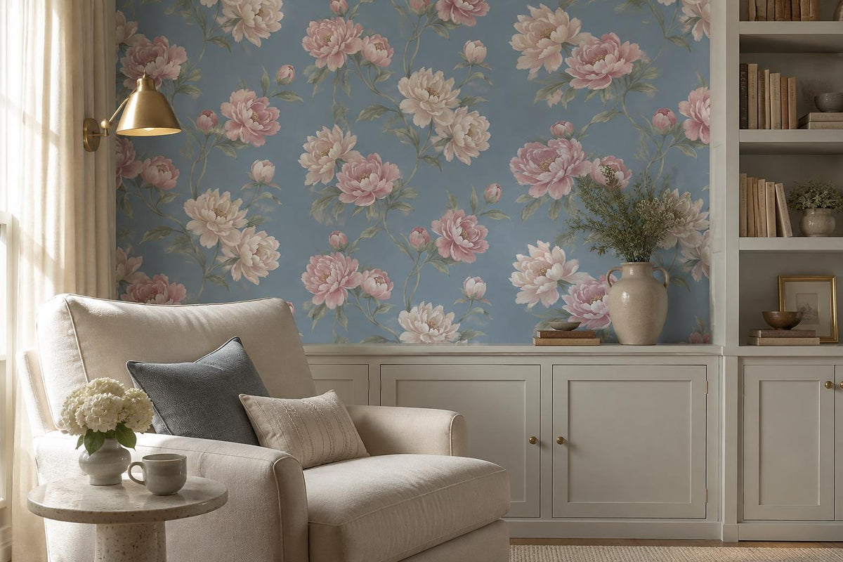 Romantic Pink Peonies On Blue Wallpaper Mural - image 5