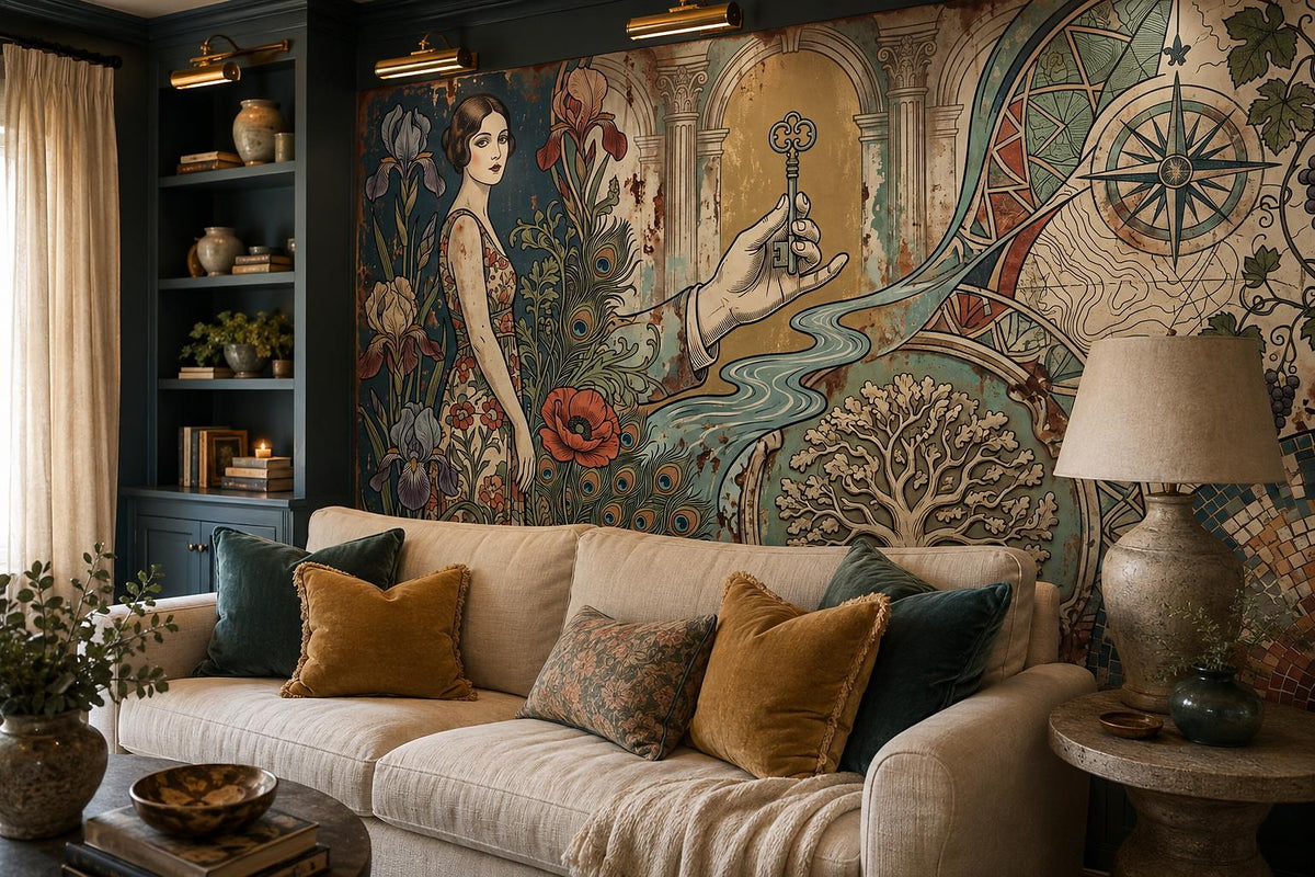 Teal Art Nouveau Woman Compass Wallpaper Mural - room view 3