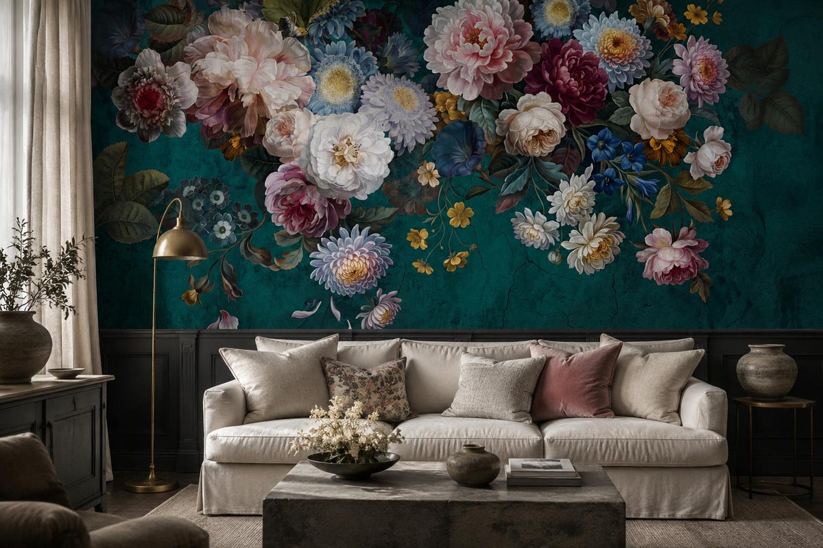 Artistic Flowers On Teal Plaster Wallpaper Mural - image 5