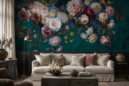Artistic Flowers On Teal Plaster Wallpaper Mural - image 5