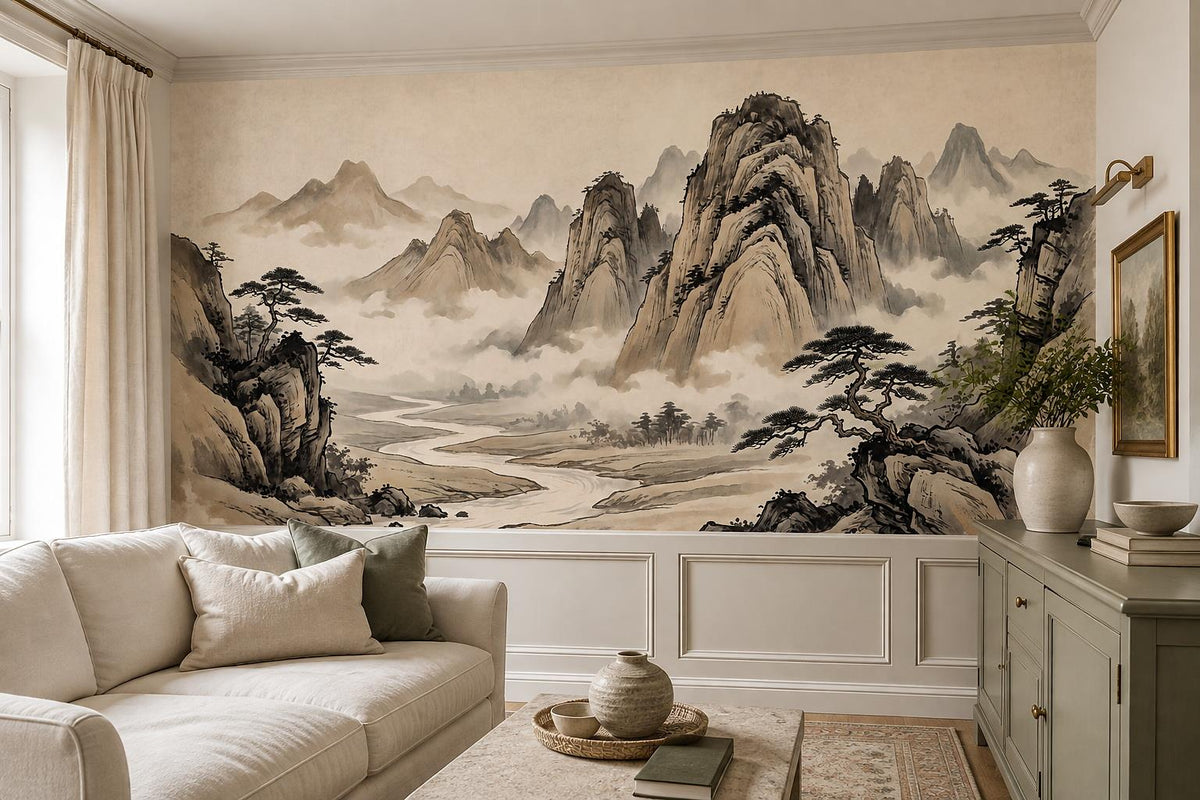 Cream Black Ink Mountains River Wallpaper Mural - room view 4