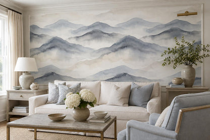 Blue Repeating Misty Mountains Wallpaper Mural - room view 4