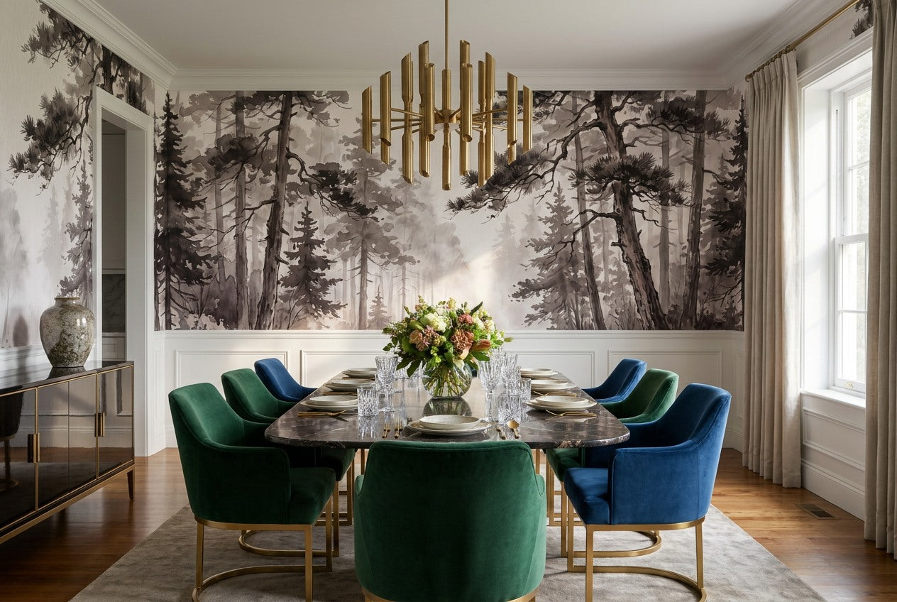 Brown Ink Pine Forest Wallpaper Mural interior setting